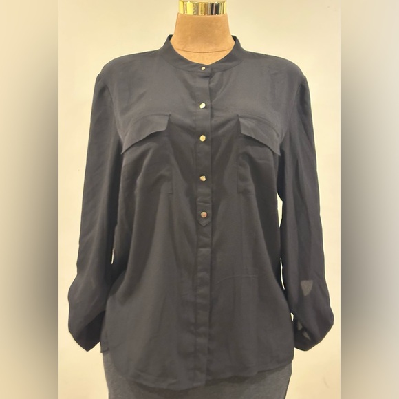 Anne Klein Black Sheer Gold Buttons Rolle Up Tabs & 2 Pockets InnFront. Sz 1X. - Picture 1 of 12